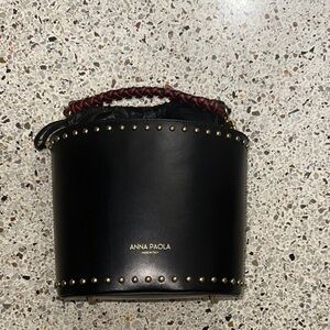 Anna Paola Italy black bucket handbag leather gold stud